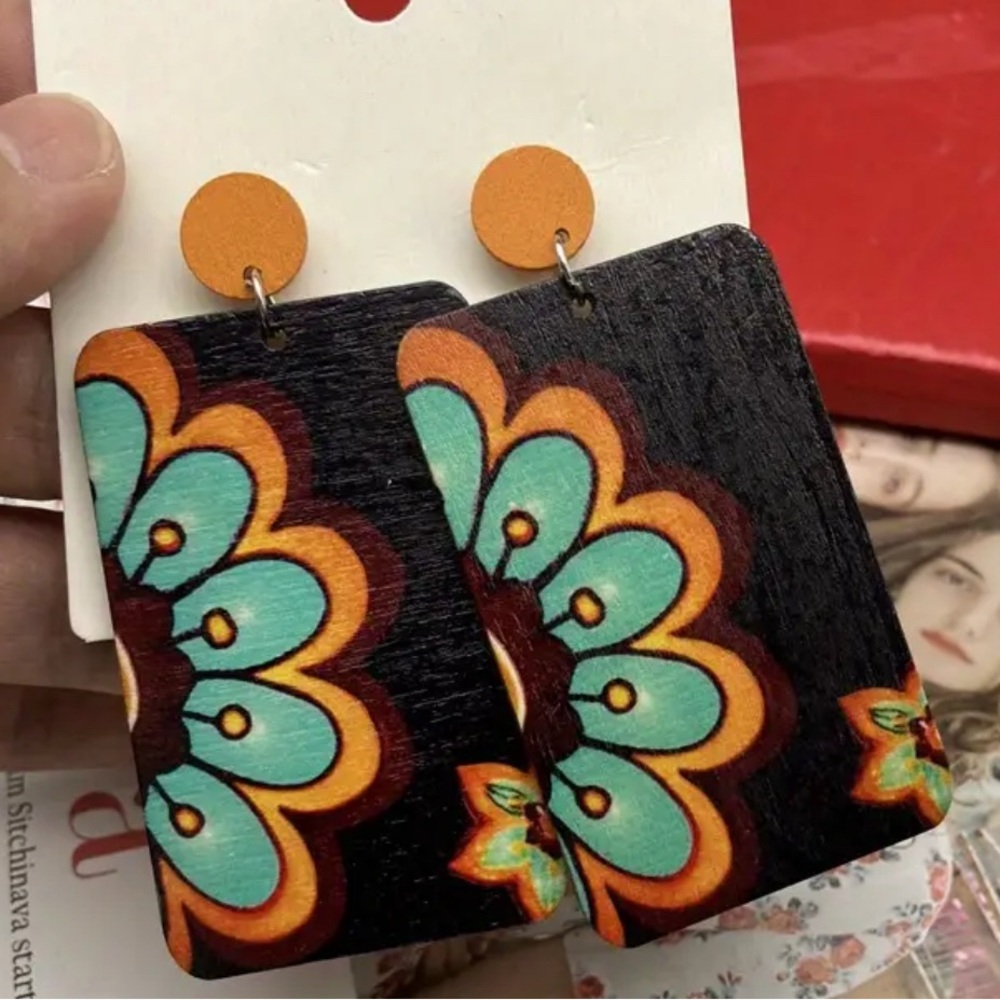 Orange and Black Floral Statement Earrings